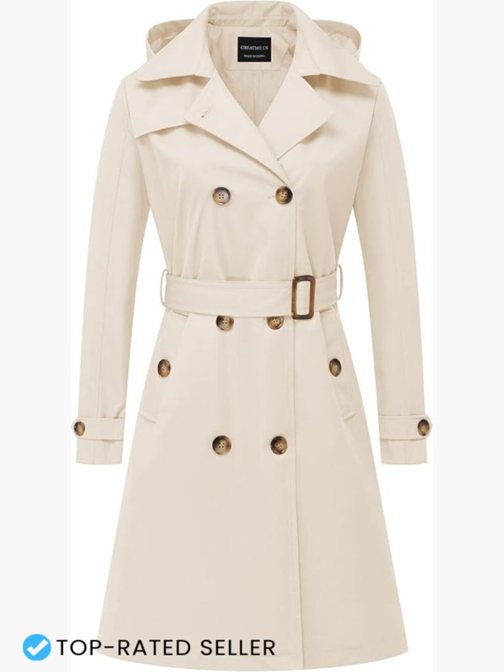 Classic Double-Breasted Long Trench Coat Belted Slim Fit Detachable Hood